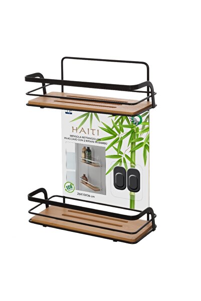 Feridras Raft de baie, Haiti, din metal și bambus, 2 rafturi, negru