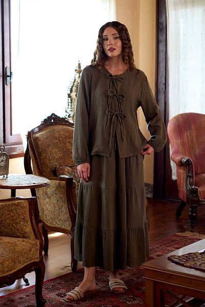 Ceylan Otantik Khaki Muslin 3 Bow Blouse