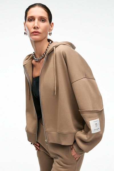 GRIMELANGE Vivienne Women's Metal Zippered Hooded Mink Sweatshirt with Ornamental Label and Pocket Detail on the Sleeve