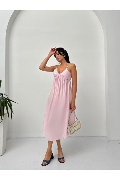 Serica Moda Μίντι φόρεμα με ροζ λεπτό λουράκι