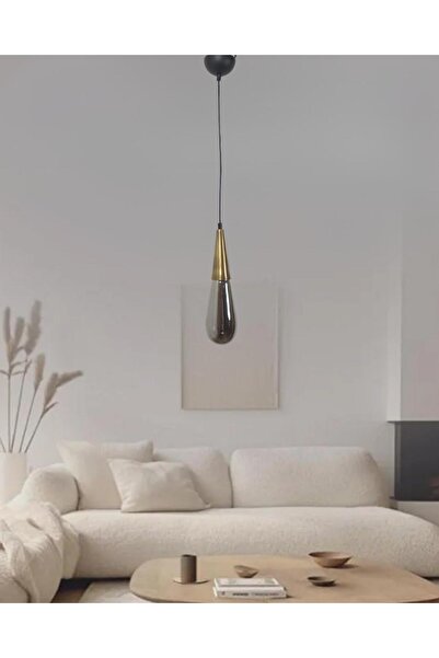 Fera Aydınlatma Damla Füme Cam Eskitme Metal Gövde Her Alana Uygun Lüks Dekoratif Tekli Sarkıt Avize