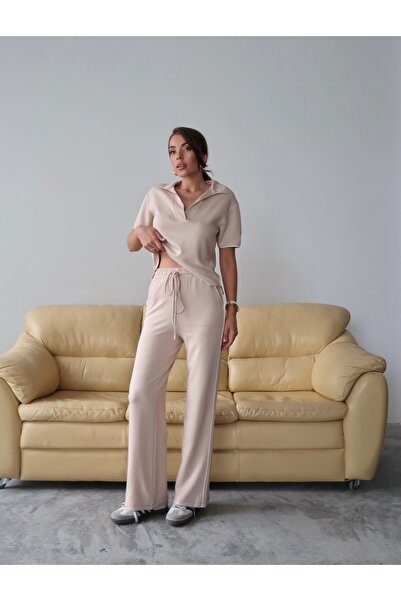 Paw Garage Women's Maribel Cotton Modal Fabric Polo Collar Blouse-Pants Two-Piece Bottom-Top Set, 4 Seasons Casual Set