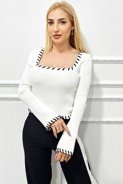 FashionForYou Amarie crochet-effect blouse, geometric neckline and flared sleeves, White, Size S/M