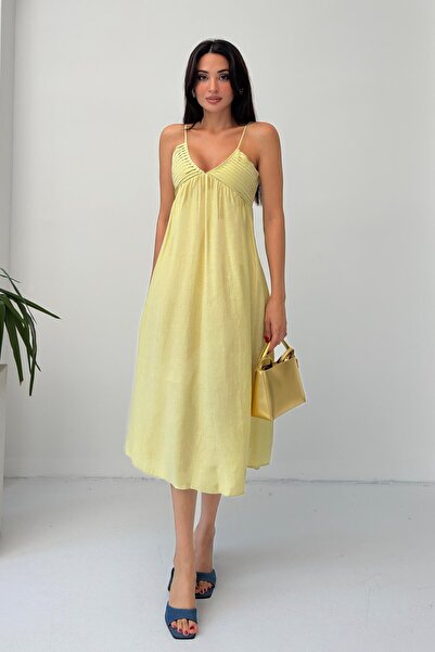 Serica Moda Yellow Thin Strap Pleated Midi Dress