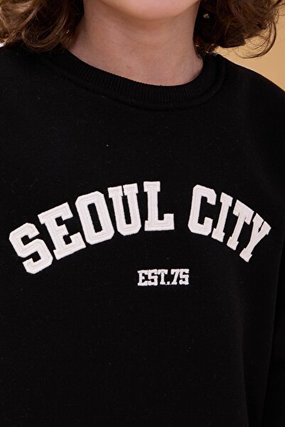 Perendi Erkek Çocuk Aplikeli Şardonlu Bisiklet Yaka İkili Kolej Takım - Siyah