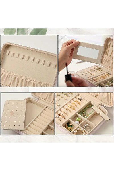 gaman Cutie de bijuterii cu fermoar cu design din catifea Cutie de bijuterii de călătorie Cutie organizatoare de bijuterii cu oglindă