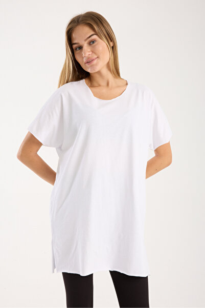 AMAZING CRASH Kadın Bisiklet Yaka Yırtmaçlı Oversize Basic Tişört