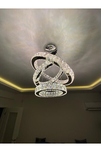 Retro KRİSTAL TAŞLI 3 KATLI 3 RENK YANAN LED'Lİ AVİZE