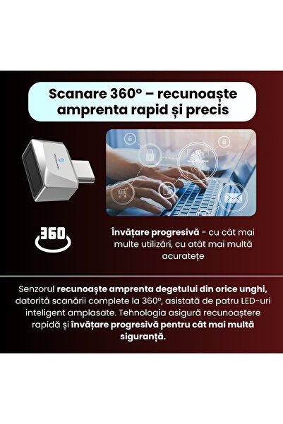 SpectrumPoint Cititor de amprente USB-C model U10, securitate avansata, compatibil Android si IOS, plug&play, gri
