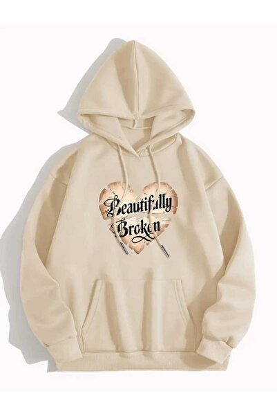 caddekombin Μπεζ φούτερ με κουκούλα, με στάμπα, με τσέπες και εσωτερικό μάλλινο επένδυση