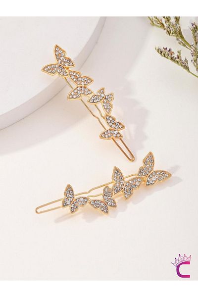 Cinderella 2-Piece Zircon Stone Gold Butterfly Side Hair Clip 6cm - Modern Bun Clip Clip-On Hairpin