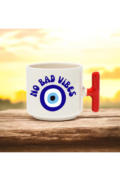 BB TRADE No Bad Vibes Designed Red t Handle Ceramic Printed Mug Cup 250 ml