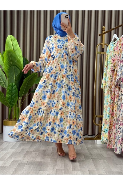 VELUNA BUTİK Kadın Buyuk Beden Tesettür ÇİÇEK DESENLİ KAT KAT ETEKLİ Elbise
