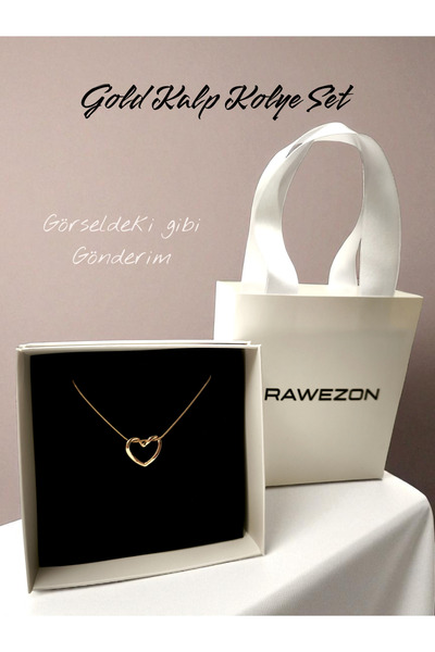 RAWEZON Özel Çantalı Kutulu Kolye-Çelik Gold Renk Kalp Kolye - Sevgiliye Arka...