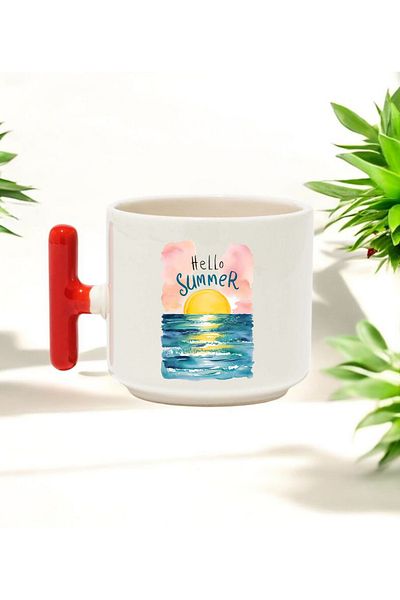 BB TRADE Hello Summer Text Design Red T-Handle Ceramic Printed Mug 250 ml