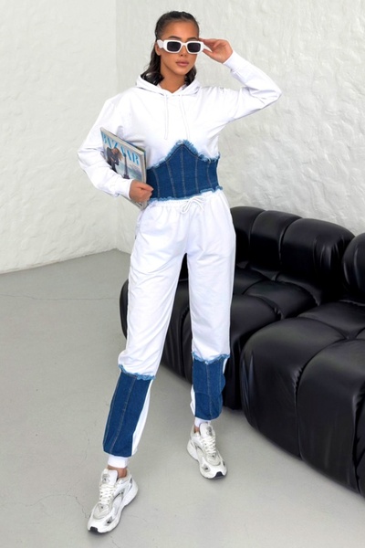 FashionForYou Σετ Sandra από βαμβάκι και τζιν, παντελόνι και φούτερ με φερμουάρ στο πλάι, λευκό