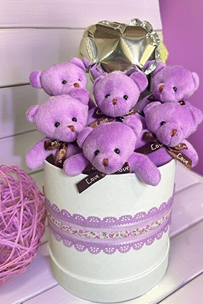 Solemia Premium Silindir Hediye Kutusunda, Kalpli Balonlu 6’lı Mor Ayıcık Buketi