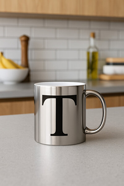 çokaş T Harfli Yazı Baskılı Gümüş Renk Büyük Boy Kupa Bardak