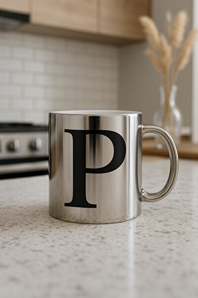 çokaş P Harfli Yazı Baskılı Gümüş Renk Büyük Boy Kupa Bardak