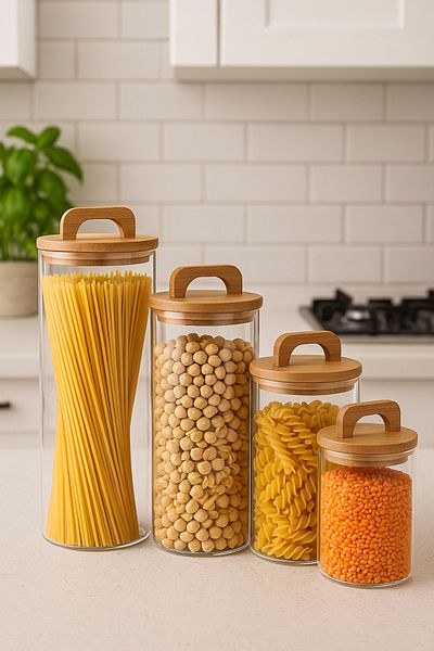 Evsun Home Collection 4' Vacuum Acacia Wood Lid Glass Jar - Food/Pulses Storage Container Set