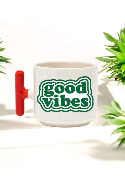 BB TRADE Good Vibes Designed Red t Handle Ceramic Printed Mug 250 ml