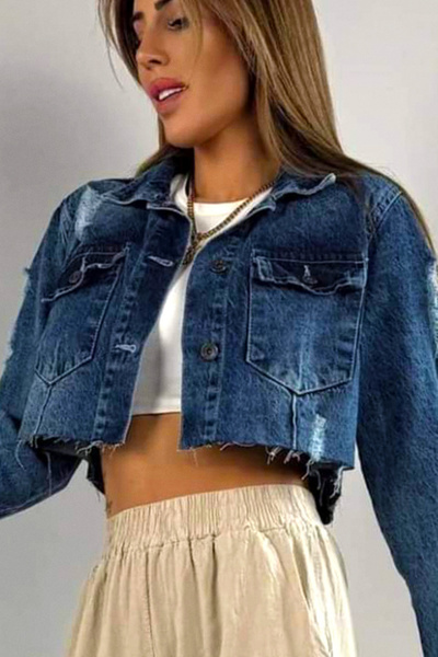 FashionForYou Geaca scurta din denim Corsica, cu buzunare si perforatii multiple, Albastru