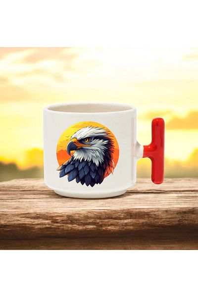 BB TRADE Red T-Handle Ceramic Printed Mug with Eagle Background Design 250 ml