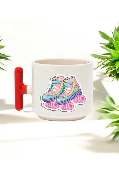 BB TRADE Red T-Handled Ceramic Printed Mug with Ski Shoe Design 250 ml