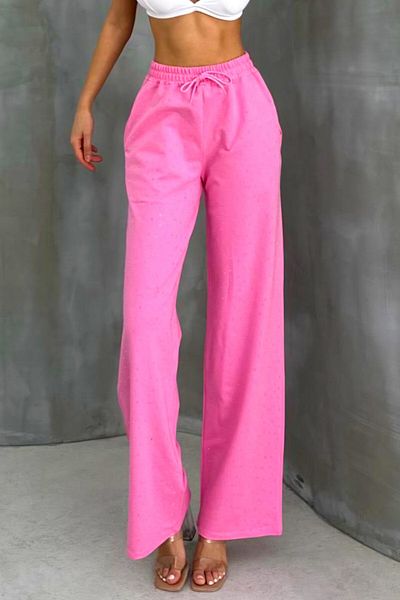 FashionForYou HIKE Glow casual pants, with rhinestone applications and drawstring at the waist, Pink, L