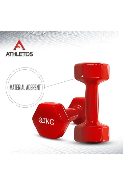 Athletos Set of 2 Athletos® dumbbells, 2 x 8 kg, cast iron interior, vinyl coating, Red