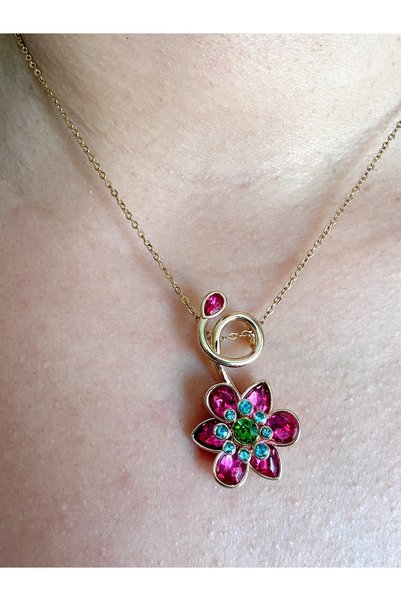 Gümüş sandık Colorful Stone and Flower Brand Model Steel Necklace