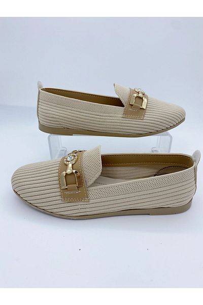 BURAK ALDAY SHOES Women's Stone Buckle Beige Knitwear Ballerina