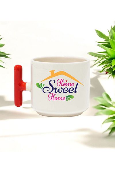 BB TRADE Sweet Home Designed Red T-Handle Ceramic Printed Mug 250 ml