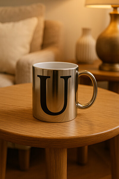 çokaş Letter U Text Printed Silver Color Large Size Mug Cup