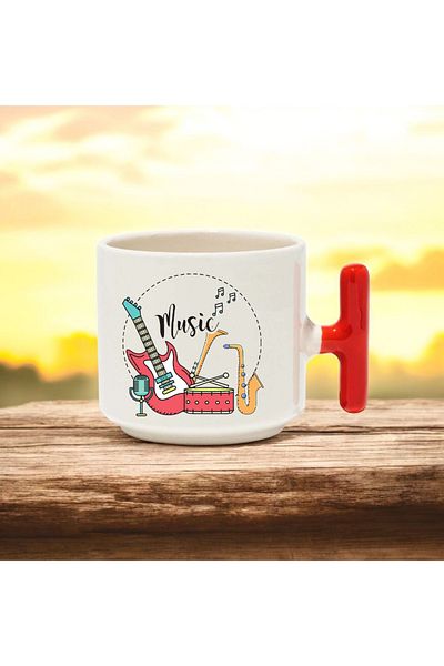 BB TRADE Music Designed Red T-Handle Ceramic Printed Mug 250 ml