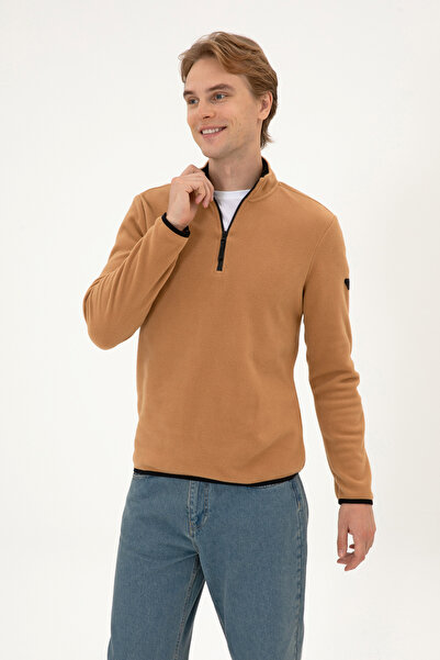 U.S. Polo Assn. Men's Regular Fit Camel Fleece Half Zip Basic Sweatshirt 50313777-Vr233