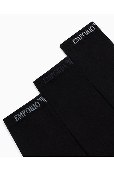 Emporio Armani Men's Ankle Logo Detail Flexible Cotton 3-Piece Black Socks Em000554 Af12276-Mc215