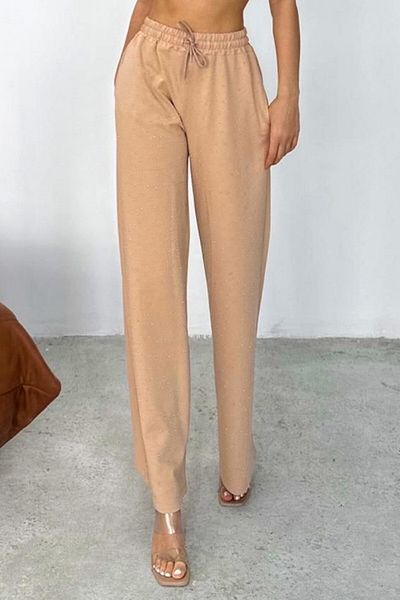 FashionForYou HIKE Glow casual pants, with rhinestone applications and drawstring at the waist, Beige, L