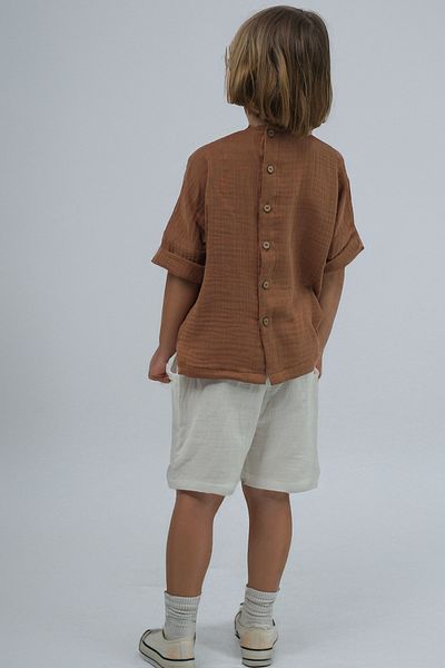 Catz Kids Boy's Ecru Muslin Shorts + Brown Muslin Back Button Shirt