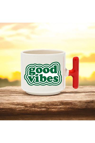 BB TRADE Good Vibes Designed Red t Handle Ceramic Printed Mug 250 ml