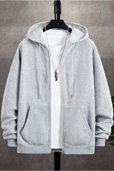 Tarz Cool Unisex Relax Fit Relax Cut Cotton Inner Fleece Double Pocket Zippered Gray Hooded Sweatshirt