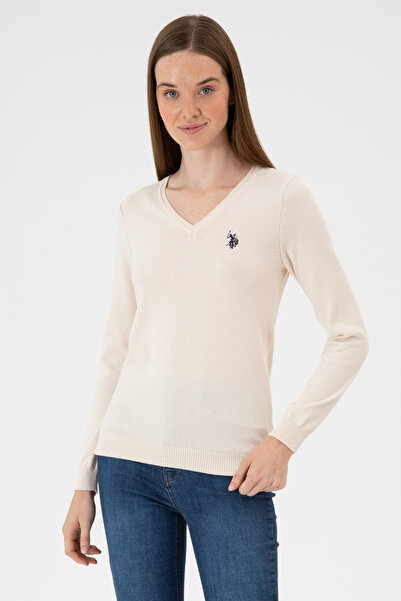 U.S. Polo Assn. Pulover de bază pentru femei, cremă, cu decolteu în V 50313590-VR159
