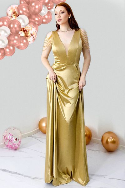 FashionForYou Leontina Occasion Dress, with Satin Texture and Handcrafted Crystals, Gold, L