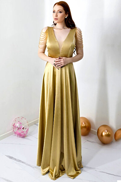 FashionForYou Leontina Occasion Dress, with Satin Texture and Handcrafted Crystals, Gold