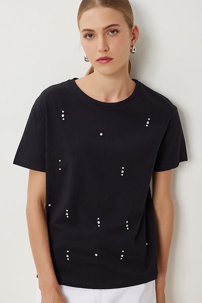Lovelyİstanbul Stone Detailed Cotton Knitted T-Shirt Lkt0006 Black