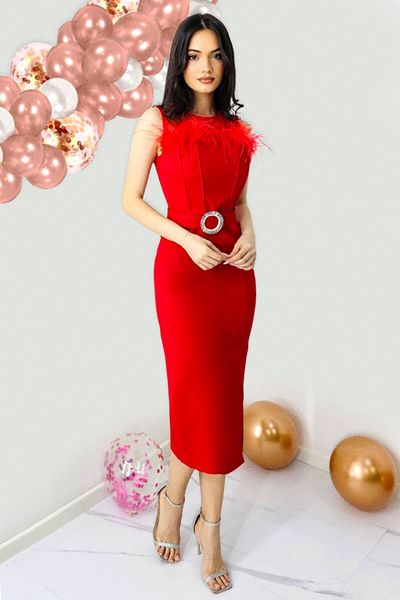 FashionForYou Elegant cotton dress, Naisha, with feathers and side slit, Red, S