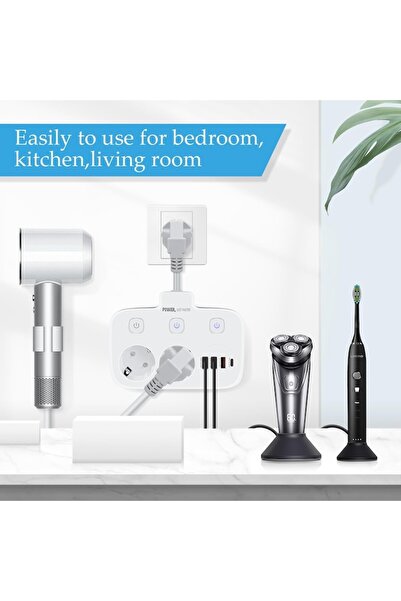 POWER Prelungitor cu 2 prize UE, 3xUSB 20W, Tip-C, butoane individuale, 0,25 m, alb