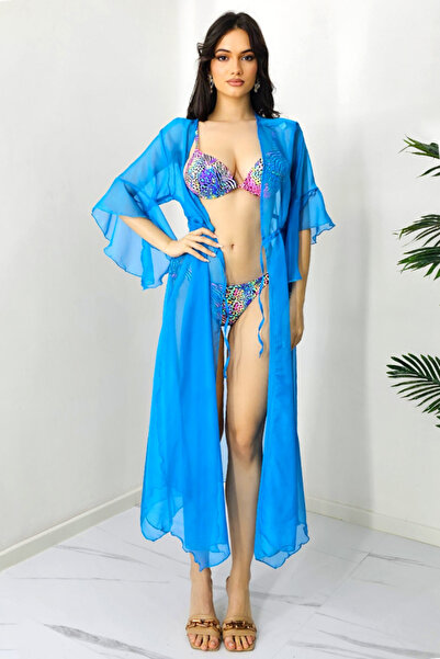 FashionForYou Ζακέτα θαλάσσης Uana, με καμπάνα μανίκια και κορδόνι στη μέση, μπλε