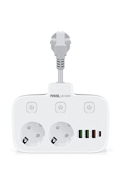 POWER Prelungitor cu 2 prize UE, 3xUSB 20W, Tip-C, butoane individuale, 0,25 m, alb