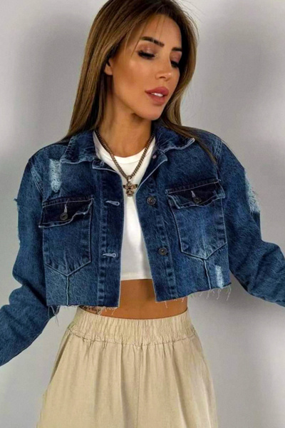 FashionForYou Geaca scurta din denim Corsica, cu buzunare si perforatii multiple, Albastru